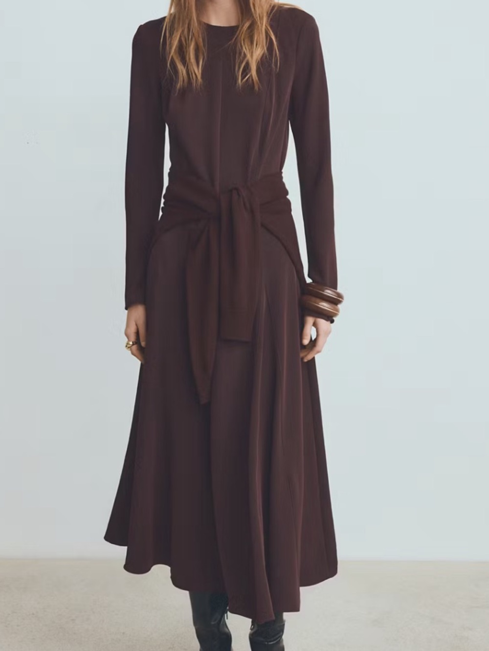 Mango Long-Sleeve Chocolate Brown Maxi Dress A-LINE DRESS WITH GODETS 1283 - Picture 1 of 5